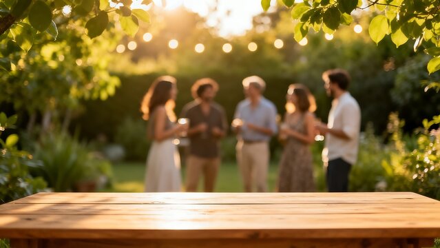People gathering in garden at sunset