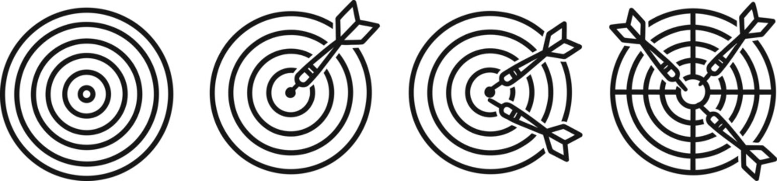 Archery target progression from miss to bullseye