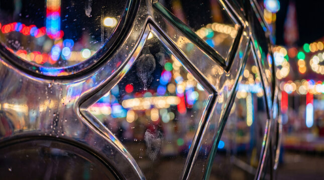 Mirror maze funhouse reflecting colorful lights at night  