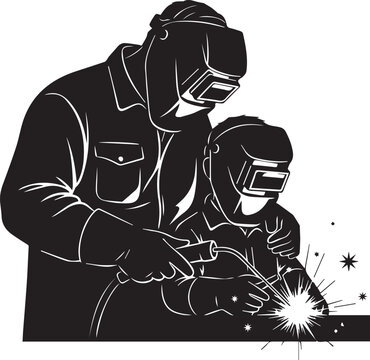 Professional welder teaching young apprentice metalwork skills using torch for spark production in industrial training workshop.