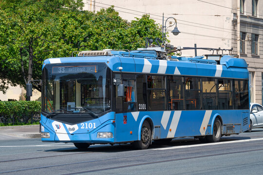 SAINT PETERSBURG, RUSSIA - JULY 03, 2025: Belarusian trolleybus with autonomous running BKM 32100D (AKSM-321) on a city street on a summer day