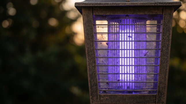 Bug zapper glowing at dusk with purple light in outdoor setting  