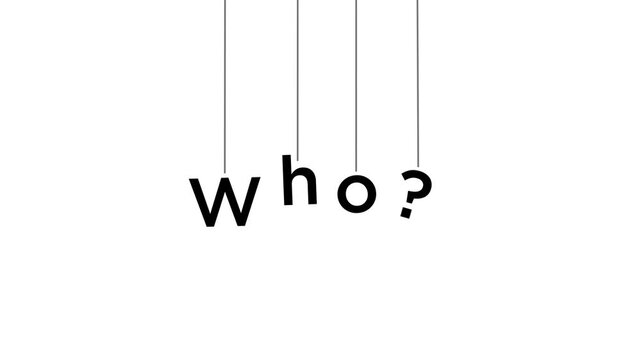 糸で吊り下げされた「Who?」の文字。テキストアニメーション。