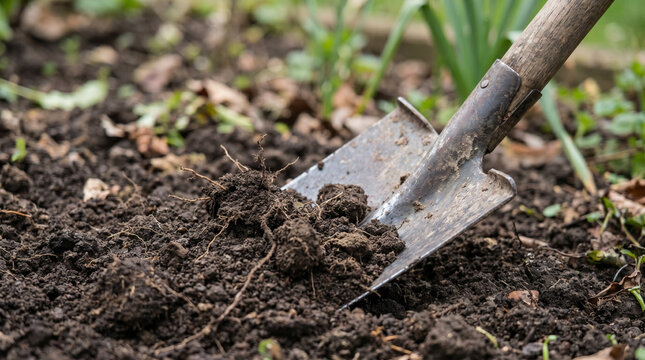 Tree planting ceremony with shovel in garden soil  