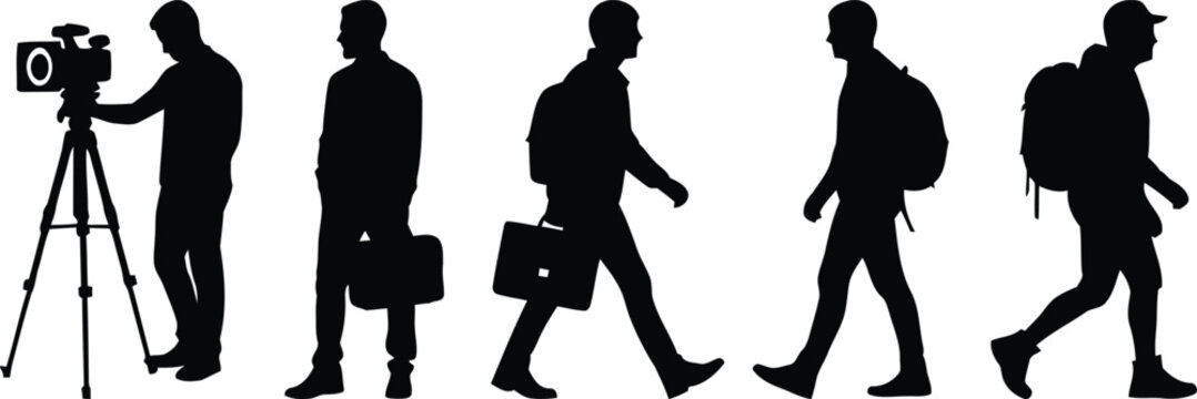 Silhouette of men walking and a cameraman with tripod isolated on transparent background