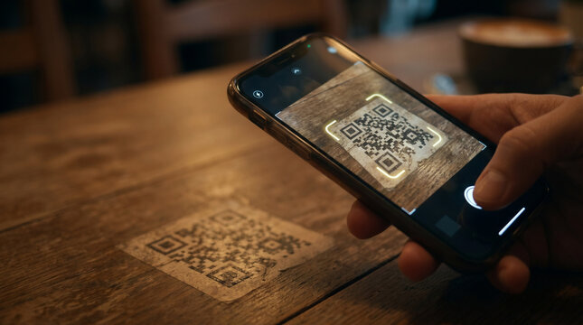 Hand scanning movie ticket QR code on smartphone during coffee break  