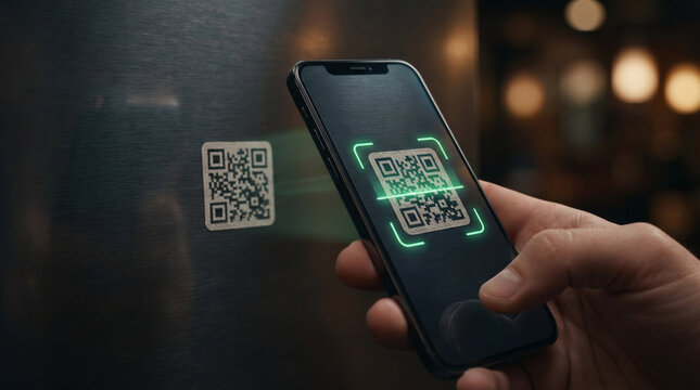 Smartphone scanning movie ticket QR code on metallic surface  