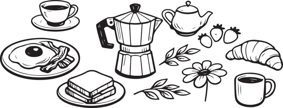 Blue and white line art vector of breakfast set with moka pot coffee maker, croissant, eggs, bacon, toast, and strawberries.