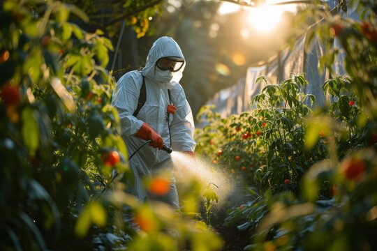 Individual in protective suit spraying pesticide in a vibrant greenhouse filled with lush plants and colorful vegetables, showcasing agricultural practices and environmental care