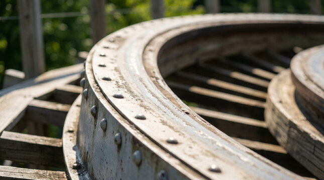 Roller coaster vertical loop track with rusty metal surface in sunlight  