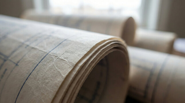 Blueprint roll under arm with detailed engineering designs in focus  