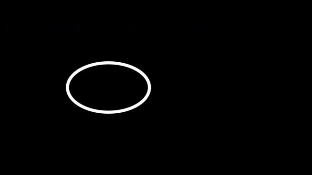 Clean abstract motion graphic featuring a white oval outline extending into a right-pointing arrow on a black background.
