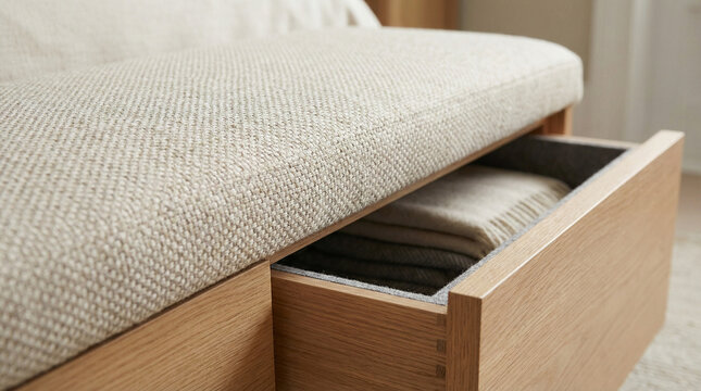 Banquette seating with storage and cozy blankets in modern interior  