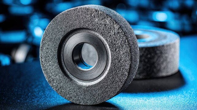 Close-up of a gritty industrial grinding wheel showing its abrasive texture