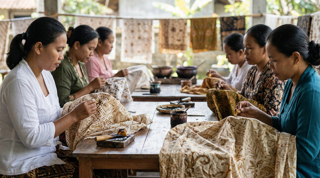 Women dyeing fabric with batik technique in a workshop  