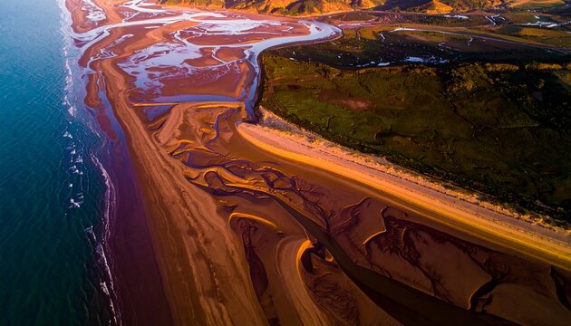 Aerial View of a Coastal Landscape with Sand Dunes and Waterways.