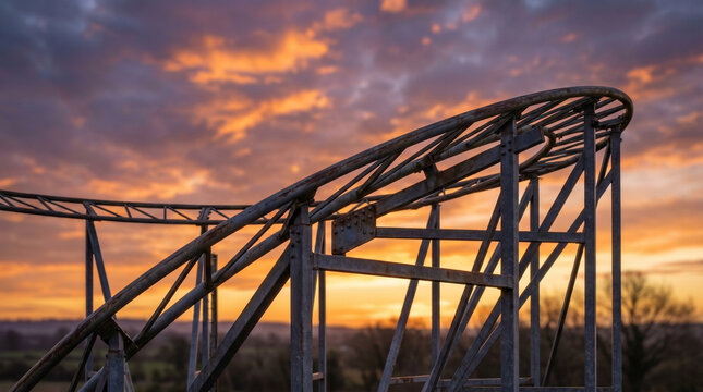 Empty roller coaster at dawn with colorful sky and clouds  