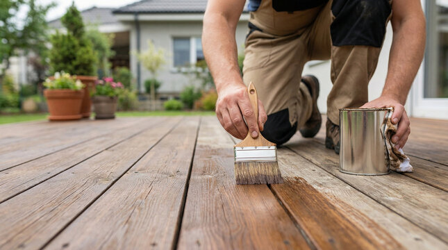 Man staining wooden deck with brush in outdoor home environment  