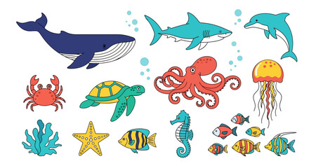 Colorful cartoon illustration featuring various marine life including whales sharks and jellyfish © MD