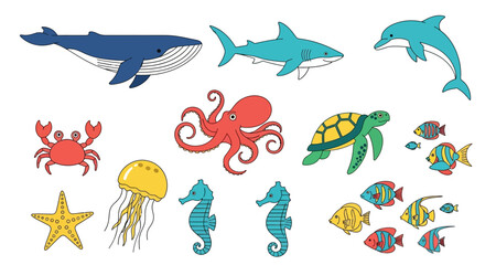 Fototapeta premium Colorful cartoon illustration depicting various marine animals swimming in the ocean