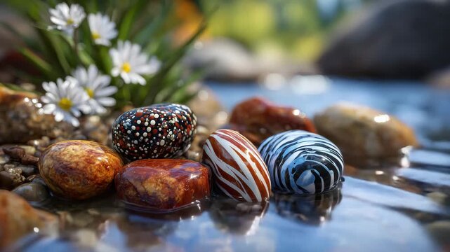 16Close-up nature scene featuring several patterned pebbles with striking stripes, dots, and natural abstract textures, lying on moist sand beside a small alpine river, sunlight illu