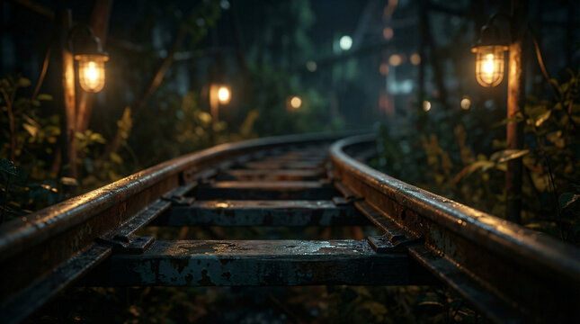 Empty roller coaster tracks at night surrounded by foliage  