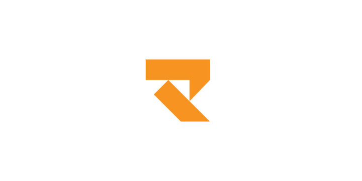 An abstract orange geometric logo resembling the letter R on a white background.