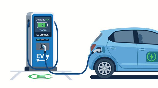 Electric car charging at station with blue compact vehicle illustration
