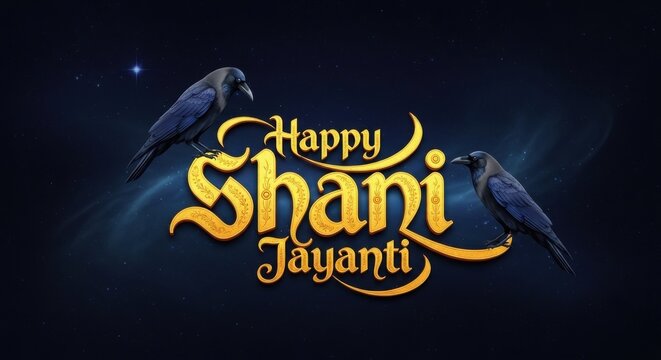 Happy Shani Jayanti greeting with two ravens on dark background