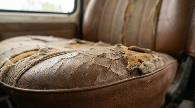 Swing with broken seat and damaged leather interior detail  