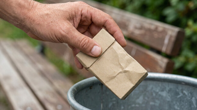 Person throwing away a pack of cigarettes into a trash bin outdoors  
