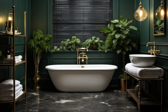 Elegant bathroom featuring a freestanding white bathtub, lush greenery, gold fixtures, and stylish decor, creating a serene and luxurious atmosphere for relaxation and rejuvenation