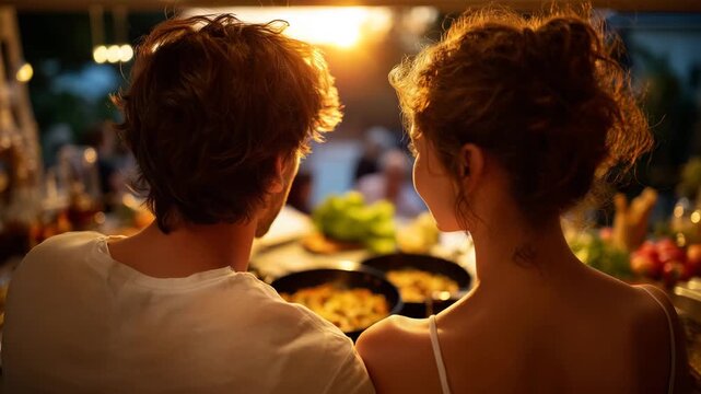 Back view of a faceless couple cooking at a stove together, wide bright kitchen with sunlight illuminating pots, pans, and fresh ingredients on the counter, warm domestic scene emp