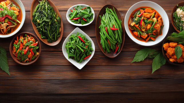 An overhead shot displays a delightful variety of freshly prepared Asian vegetables presented on wooden bowls and plates arranged on a dark brown wooden surface.