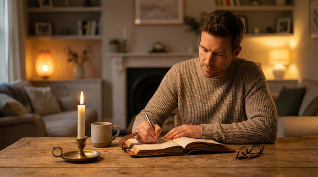 Man journaling beside candle in cozy living room at nighttime  