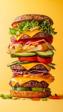 Towering gourmet burger stacked high with layers of cheese, lettuce, tomatoes, pickles, and bacon, set against a vibrant yellow background showcasing culinary artistry