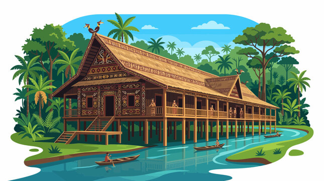 Flat vector illustration of traditional Dayak longhouse in Kalimantan with tropical village scenery, showcasing Indonesian cultural heritage in clean modern style.