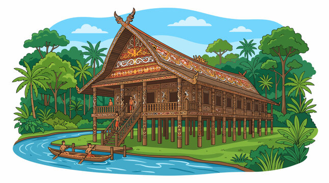 Flat vector illustration of traditional Dayak longhouse in Kalimantan with tropical village scenery, showcasing Indonesian cultural heritage in clean modern style.