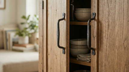 Fototapeta premium Forged iron cabinet handles on wooden kitchen cupboard in natural light 