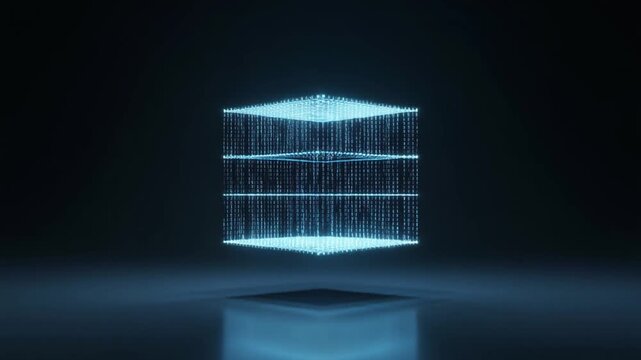 Glowing square digital layers assembling into a three dimensional cube structure in this dynamic motion graphics animation loop for high tech presentation background footage