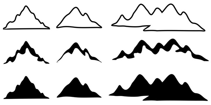9 sets of flat isolated mountain silhouette illustration images on white background, vector