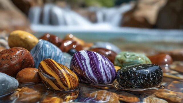Close-up composition of smooth polished stones scattered along a sunny mountain creek bank, each stone featuring unique geological stripes, marbling, and speckled mineral formation