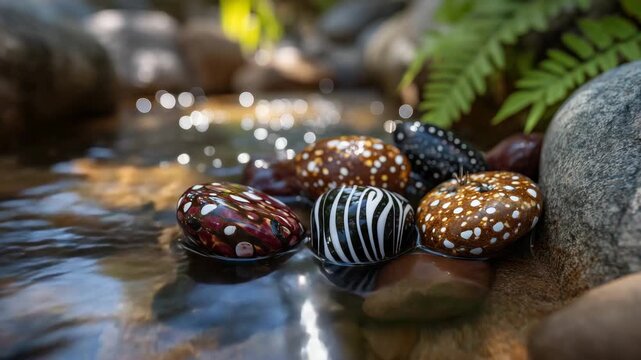 Close-up nature scene featuring several patterned pebbles with striking stripes, dots, and natural abstract textures, lying on moist sand beside a small alpine river, sunlight illu