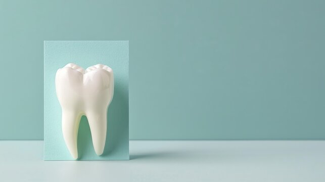 White dental tooth model displayed on a pastel background, emphasizing oral health and hygiene, ideal for dental education and promotional materials related to dentistry