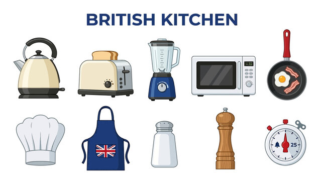 Collection of British Kitchen Appliances and Utensils.