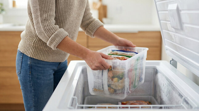 Woman organizing freezer with bins in modern kitchen  