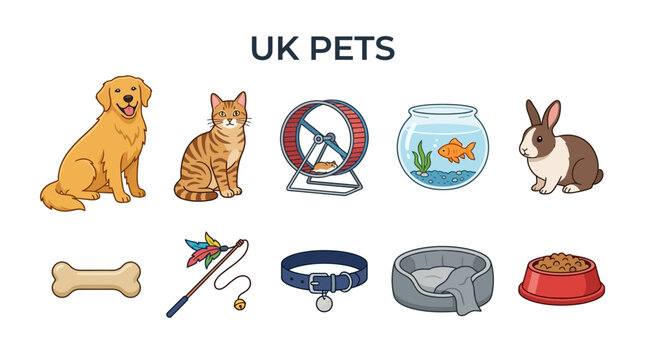 Collection of UK Pets and Accessories Illustration.