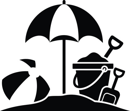 Summer beach vacation icon with umbrella, sand castle, shovel, bucket, and ball.