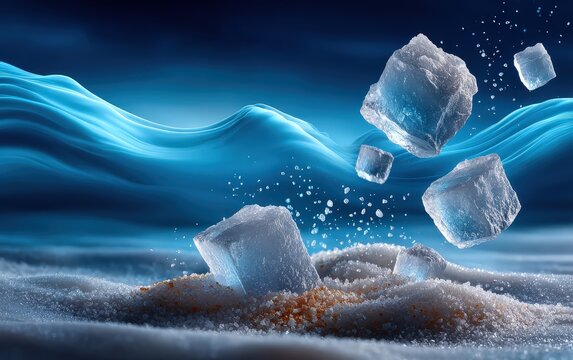 Ice Cubes Shattering in Mid-Air with Blue Background