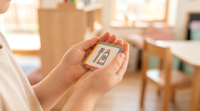 Child hands holding visual schedule activity card autism daily routine communication classroom